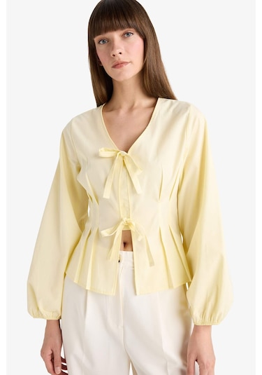 Defacto Fitted V Yaka Önden Bağlamalı Poplin Uzun Kollu Bluz G2178ax25wnyl509 Sari
