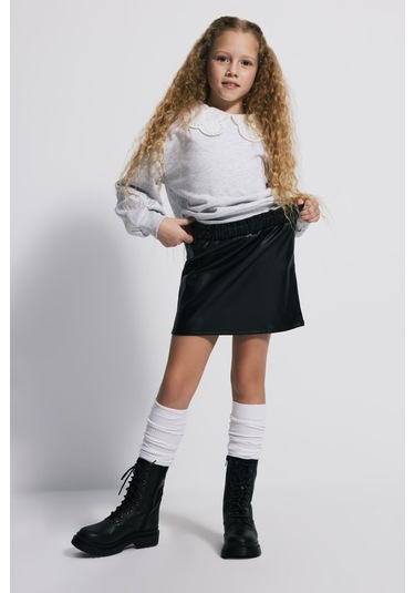 Kids Girl Deri Efektli Mini Siyah Etek Siyah