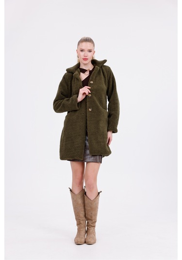 Düğmeli Cepli Kadın Peluş Kaban Haki