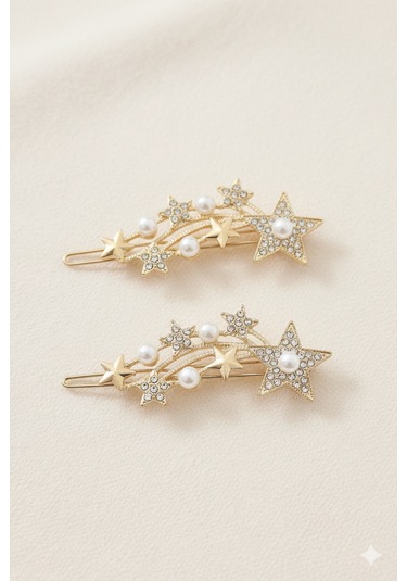 Yıldız Şekilli İnci Detaylı Metal Toka, Metal Klipsli Yıldız İnci Toka 2 Adet Altın