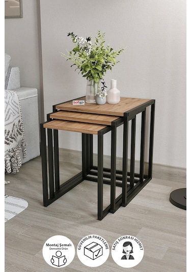 Bofigo 3'lü Metal Zigon Sehpa Zigon Sehpa Orta Sehpa Yan Sehpa çam