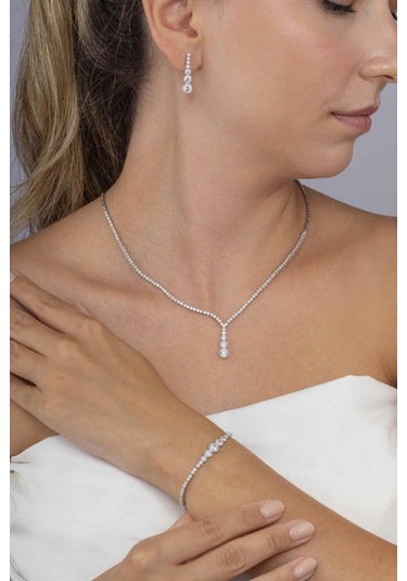 Gümüş Pazarım Pırlanta Montür Yuvarlak Kesim Su Yolu Gümüş Düğün Seti Gümüş