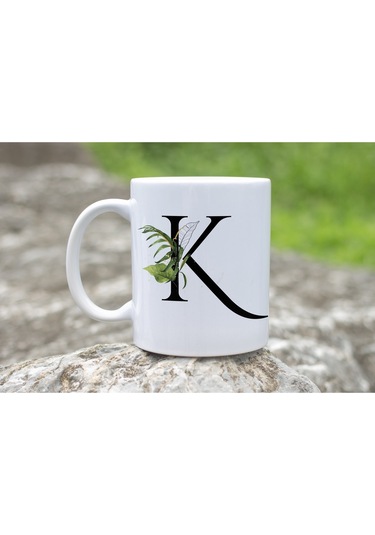 K Harf Zarif Yaprak Desenli Kupa Bardak - Naturel Sade Alfabe Harfli Bardak - Kişiye Özel Hediye Beyaz