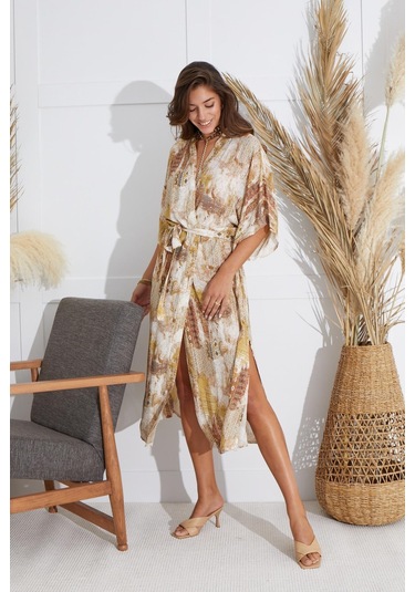 Sevim Kadın Kısa Kol Uzun Bej Kimono C9t5n651 001