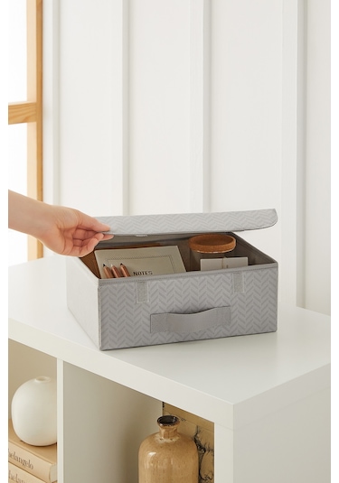 Ocean Home Textile 2'li Gri Balıksırtı Kapaklı Kutu Set 30 x 23 x 11 cm