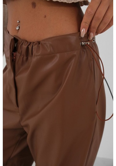 Bel Lastikli Deri Pantolon Kahverengi