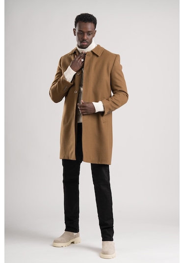 Yakalı Klasik Kesim Düğmeli Uzun Kaşe Erkek Kaban Taba