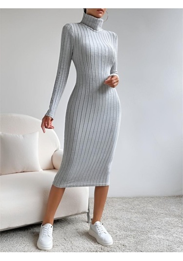 Kadın Balıkçı Yaka Uzun Kollu Kaşkorse Midi Elbise 001