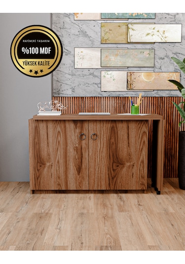 Rafineri Flor Çalışma Masası Dolaplı Açılır Katlanır Masa Mdf Ceviz