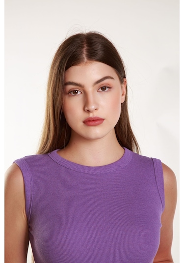 Kadın Lila Fitilli Likralı Sıfır Kol Bisiklet Yaka Örme Atlet Tshirt Bluz LILA