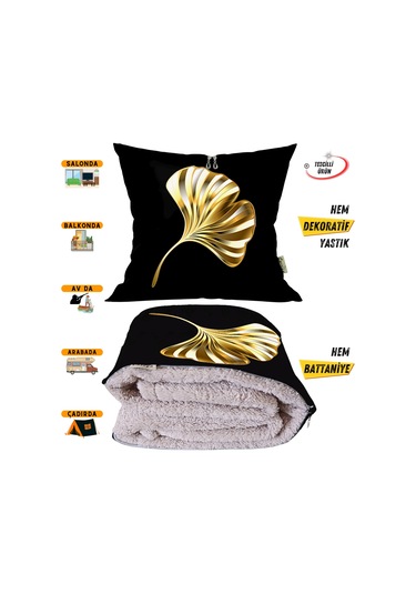 Gold Yaprak Desen Tv Battaniyeli Opsiyonel Dekoratif Yastık Kırlent 2 İn 1 Battaniye Çok Renkli