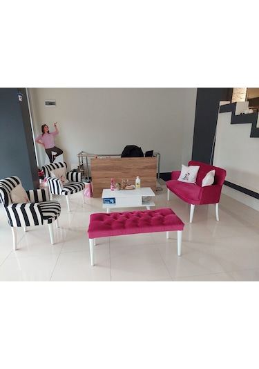 Kayser Home Çay Seti Koltuk Takımı - Oturma Grubu - Balkon - Ofis - Bahçe Mobilyası - Nubuk Kumaş - Benchli Fuşya - Zebra Karışık