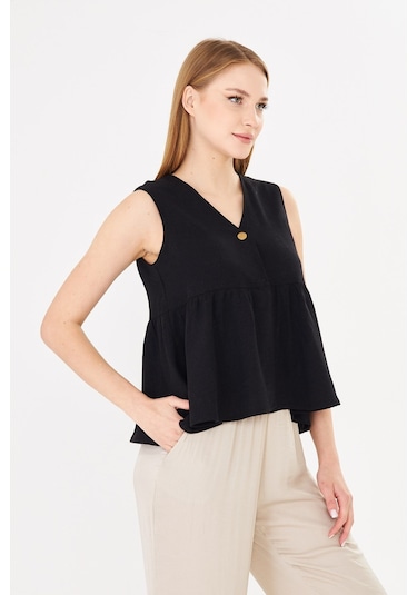 Sortie Collection V Yaka Tek Düğmeli Peplum Siyah Keten Bluz