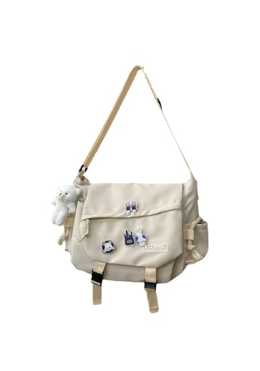 Mufunye Beyaz Nylon Tek Askılı Çanta - Geniş Hacimli Sırt Çantası, Çanta İşi Detaylı, Sokağa Yönelik Stil, Zip Açılışlı Öğrenci Çantası Beyaz