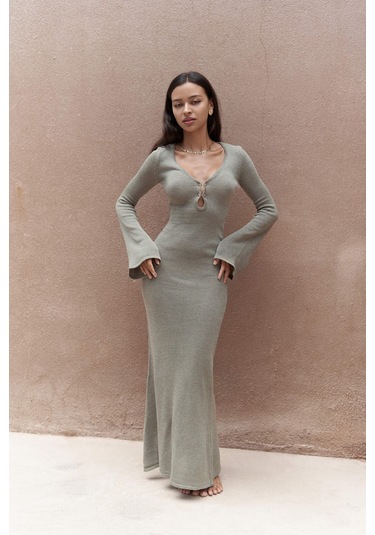 Ortensia Metal Detay Haki Uzun Triko Elbise Haki