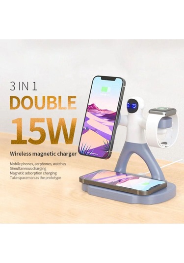 Shineyee Magsafe Spaceman Dual 15w Telefon Tutucu Manyetik Kablosuz Şarj Standı Hızlı Şarj İstasyonu 3'ü 1 Arada Diğer