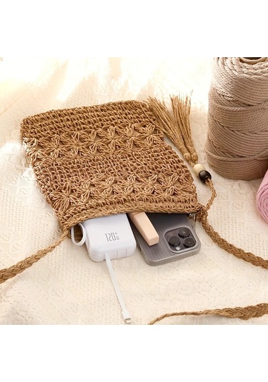 Chuangyinshop 1 Adet El Yapımı Bohem Çapraz Sırt Çantası - Bej Kare Sabit Kayış Bej