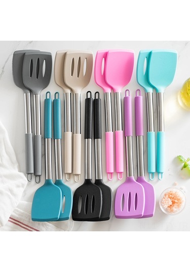 Dianziye 430 Paslanmaz Çelik Boş Saplı Silikon Mutfak Gereçleri Seti - Kavurma Ve Karıştırma Paleti İki Parça Kahverengi
