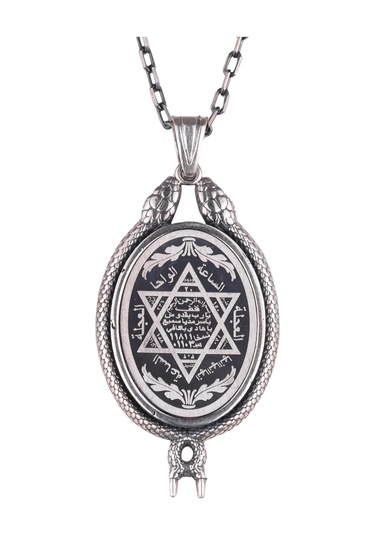 925 Ayar Gümüş Kolye - Davud Yıldızı Aksesuarı İle Yılan Detaylı Kolye Gümüş