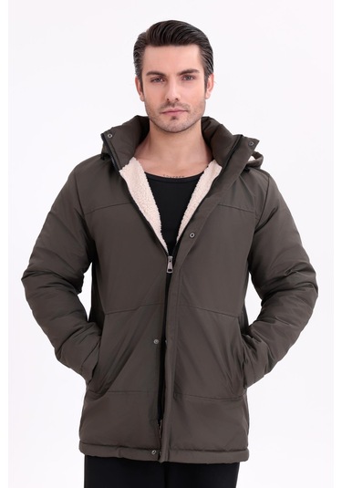 Erkek İçi Kürklü Çıkma Kapüşon Su Ve Rüzgar Geçirmez Kapüşonlu Kışlık Mont & Kaban & Parka Haki