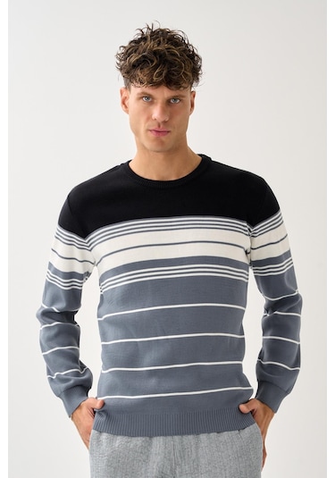 Çizgili Erkek Kazak Gri