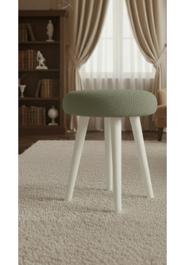 Gürgen Ahşap Retro Ayak Dekoratif Beyaz Pelüş Puf Tabure Antrasit - Gri