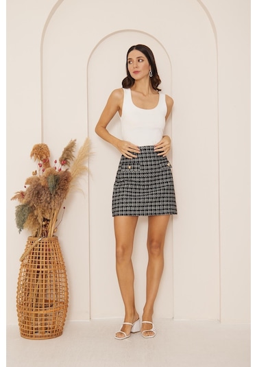 Darlin Moda Siyah Düğme Detaylı Tweed Mini Etek Dm2013 Siyah