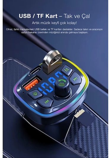 Bluetooth Araç Çakmaklık Fm Transmitter 48w Pd Hızlı Şarj Çift Mikrofon Araç Şarj Cihazı