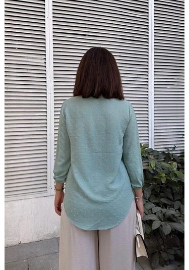 Mint Uzun Truvakar Kol, Öpücük Yaka, Ponponlu Kumaş Basic Kesim Bluz - Tesettüre Uygun Mint