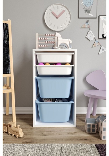 %100 Mdf - Small Mono 4 Sepetli Oyuncak Dolabı Mavi