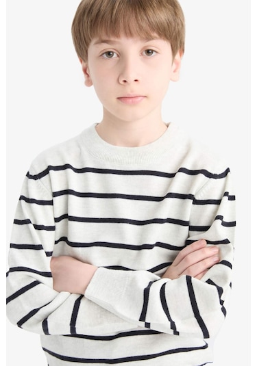 Defacto Erkek Çocuk Bisiklet Yaka Çizgili Triko Kazak F0962a825wner123 Ekru