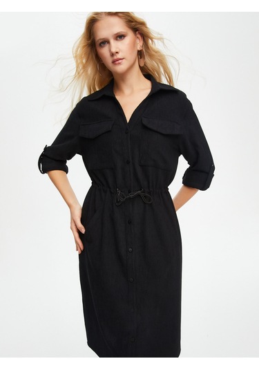 Kendinden Dokulu Şönil Gömlek Elbise 69228 U6922810 Siyah