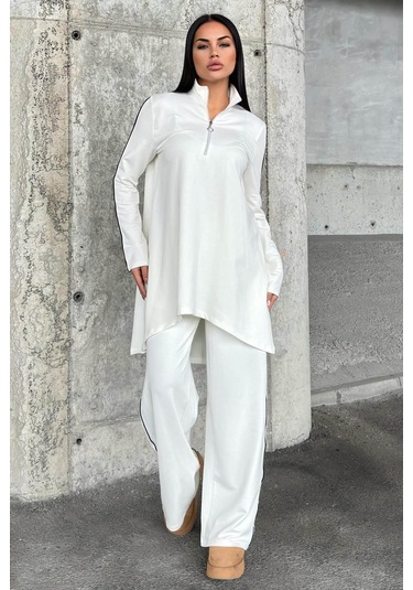 Ekru Asimetrik Kesim, Fermuarlı Bluz & Bol Paça Pantolon - Viskon İki İplik Kumaş Alt & Üst Takım Ekru