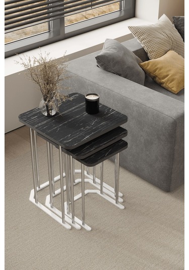 3' Lü Kare Zigon Sehpa Gümüş Ayak Siyah Mermer 18 Mm Mdf Gümüş - Siyah Mermer