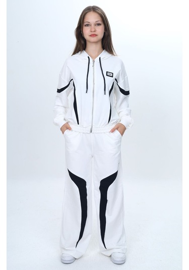 Kız Çocuk %100 Pamuk Garnili Kapüşonlu Fermuarlı Oversize Alt&üst Trend Eşofman Takımı-315-eşt-0003 Ekru