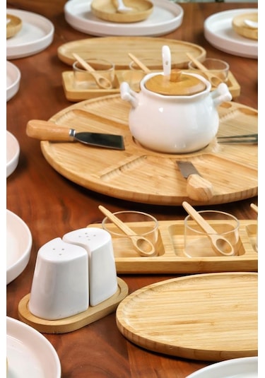 Atbyhome 12 Kişilik 63 Parça Seramik - Bambu Kahvaltı Takımı - Lüx Kahvaltılık Sunum Seti Kahverengi
