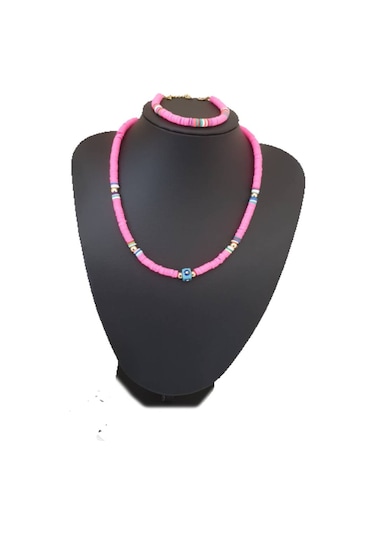 Fimo Soft Nazar Boncuklu Kolye ve Bileklik Seti  Pembe