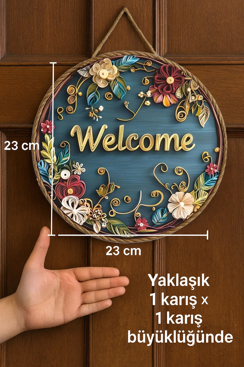 Kapı Süsü Ahşap Mdf "welcome" Yazılı - Çiçek Desenli - 2d Flat