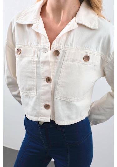 Kadın Ekru Crop Kesim Jean Ceket ekru