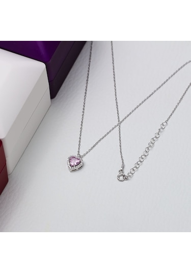 Nagiss Kalp Model Pembe Zirkon Taşlı 925 Ayar Gümüş Kadın Kolye Model-3 Gümüş
