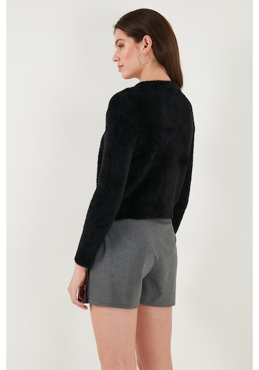 Lela Fitted Fit Bisiklet Yaka Yumuşak Dokulu Crop Bayan Hırka 4615559 Siyah