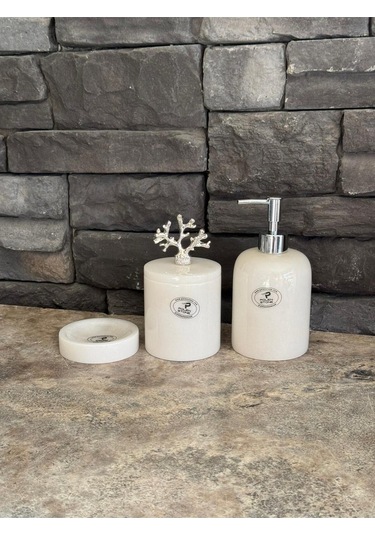3'lü Set Beyaz Mermer Gümüş Aksesuarlı Sıvı Sabunluk, Makyaj Pamukluk, Katı Sabunluk Beyaz