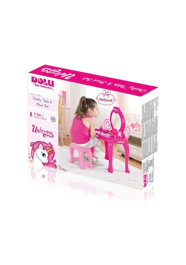 Unicorn Oyuncak Ayaklı Makyaj Masası ve Sandalye Seti Pembe Renk