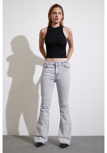 Never More Yüksek Bel İspanyol Paça Jean Gri