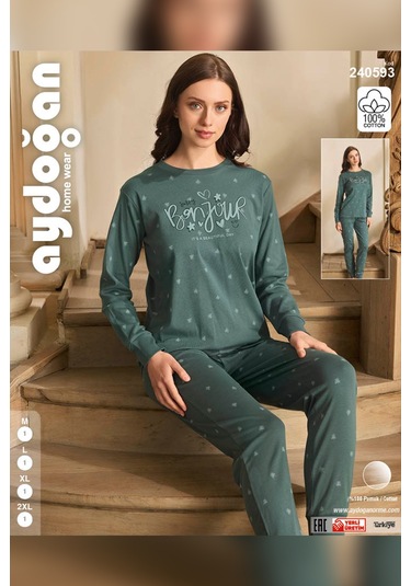 Aydoğan Kadın Lavin Ribana Manşetli Viridian Koton Pijama Takım 0593 Yeşil
