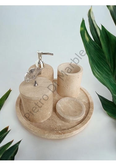 Sarı Traverten Klasik Model 5 Parça Gümüş Renk Japon Gülü Aksesuarlı Banyo Seti Sarı Traverten
