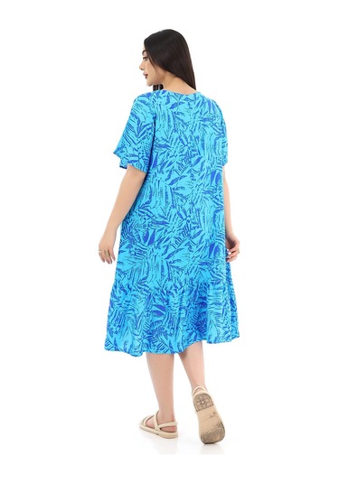 Schık Kadın Viskon Yarım Kol V Yaka Cepli Fırfırlı Elbise Siyah Mavi