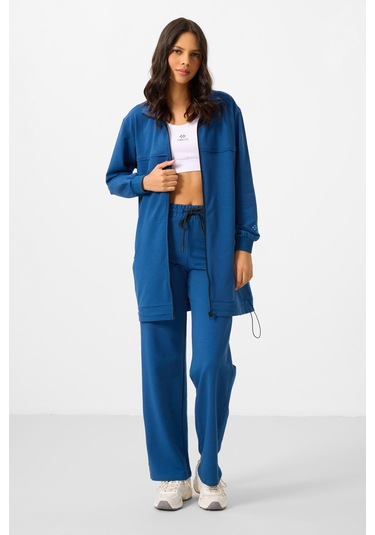 Parlament Dik Yaka Fermuarlı Pamuklu Kadın Eşofman Tunik Takım - 95346 Mavi