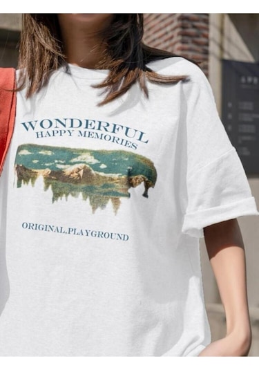 Kadin Beyaz Oversize Wonderful Baskılı T-shirt Beyaz