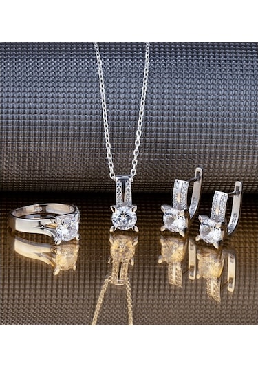 Mekik Tırnaklı Gümüş Tek Taş Takı Seti